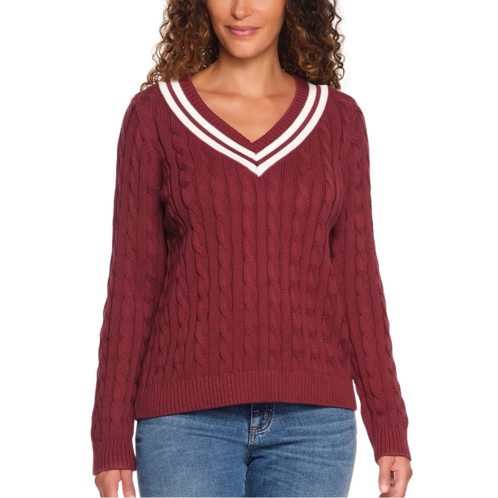 Lands’ End V-Neck Cable Knit Sweater Size L 12-14 Maroon Varsity Striped